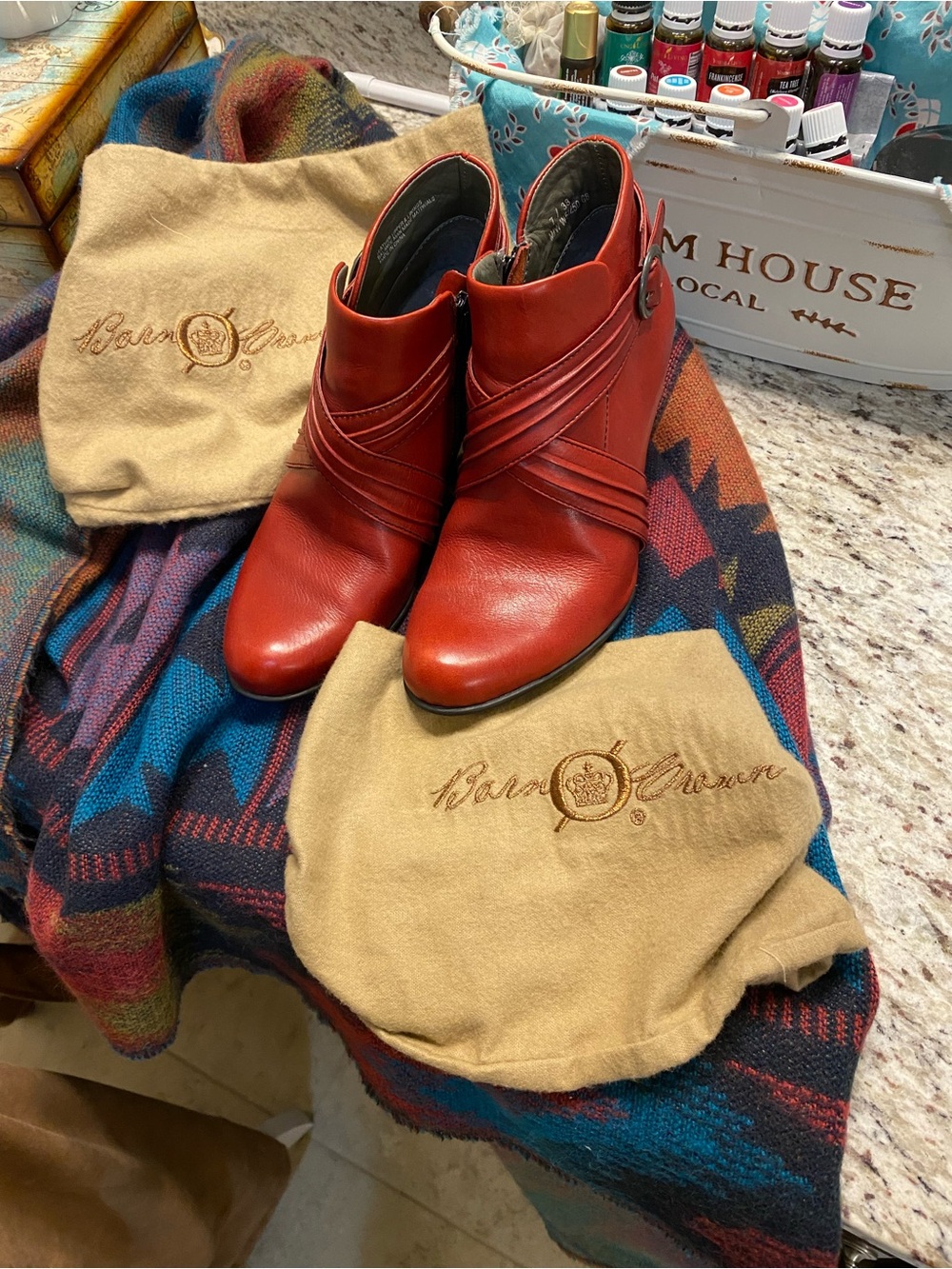 Born Red Leather Ankle Booties with Decorative Buckle Side Zip with Dust Bags - Picture 3 of 9